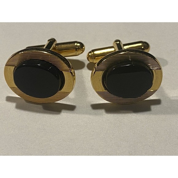 Vintage faux black onyx and gold cufflinks - Picture 1 of 7